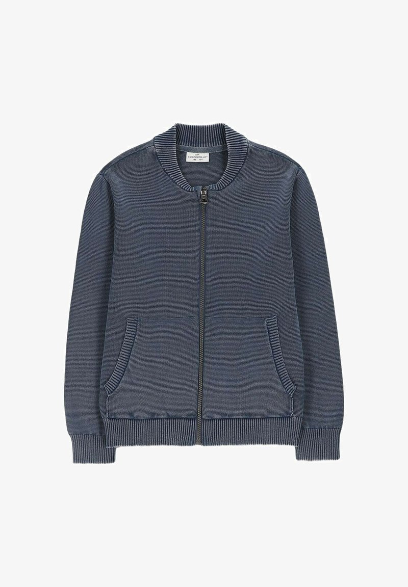 Ciemnoszary, dziergany sweter na zamek z prążkowanym kołnierzem, mankietami, krawędzią i dwoma przednimi kieszeniami.