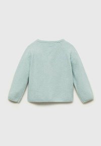 Maglione lavorato a maglia blu chiaro con maniche lunghe, scollatura a giro e superficie testurizzata, mostrato da dietro senza ulteriori dettagli.