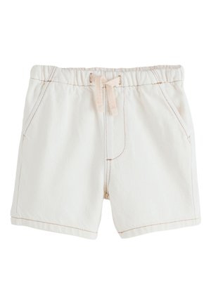 Weiße lässige Shorts mit elastischem Bund und einer hellrosa Kordel, mit Seitentaschen und sichtbaren Nähten.