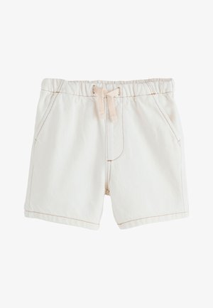 Hvide afslappede shorts med elastisk talje og en lyserød snor, med sidelommer og synlige syninger.