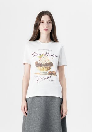White cotton t-shirt featuring a colorful ice cream graphic with cherries and text. Short sleeves and a classic crew neckline.