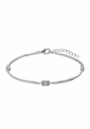 Zilveren kettingarmband met drie kleine rechthoekige heldere edelstenen gelijkmatig verdeeld en een karabijnsluiting met verstelbare schakels.