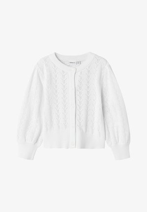 Biely pletený kardigán s čipkovaným vzorom, okrSeguro krk a zapínanie na gombíky. Má nadýchané rukávy a rebrované manžety a lem.