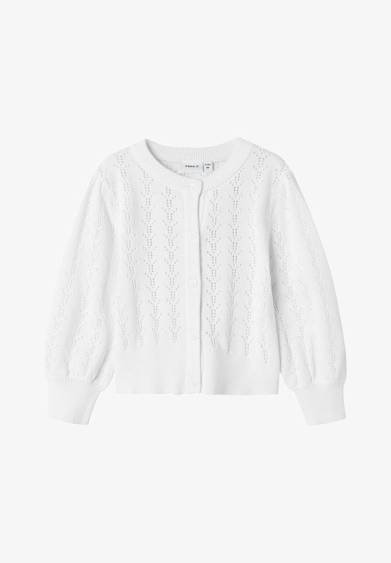 Bílý pletený cardigan s krajkovým vzorem, kulatým výstřihem a zapínáním na knoflíky. Obsahuje balónové rukávy a žebrované manžety a lem.