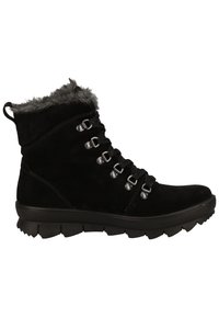 Botas negras de ante hasta el tobillo con ribete de piel sintética, que cuentan con ojales metálicos, cordones negros y una suela de goma texturizada para agarre y durabilidad.