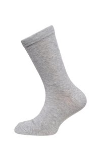 Calcetín de algodón gris con un puño acanalado, textura suave y forma clásica. Presenta una puntera sin costuras para mayor comodidad y flexibilidad.