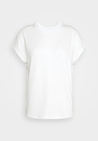 Camiseta blanca de manga corta hecha de algodón suave. Presenta un cuello redondo con detalles de costura y un ajuste relajado. Diseño simple y minimalista.