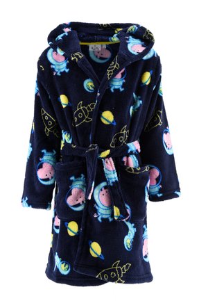 Blue plush bathrobe with a hood, featuring colorful space-themed patterns of planets and rockets. Includes pockets and a tie belt.