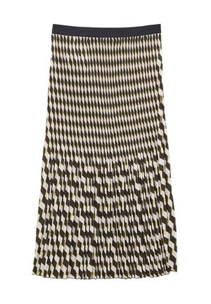 Gonna midi plissettata con un motivo geometrico in nero, bianco e giallo senape. Vita elastica e tessuto leggero.