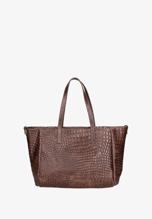Braune, krokodilprägierte Leder-Handtasche mit zwei flachen Tragegriffen, rechteckiger Form und strukturiertem Oberflächenfinish. Bietet ein geräumiges Innenleben.
