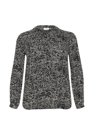 Blouse à manches longues avec un motif abstrait noir et blanc. Tissu lisse avec un col rond et des poignets froncés. Coupe classique.