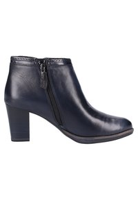Bottine noire en cuir avec fermeture éclair latérale et talon bloc, finition lisse et bout rond.