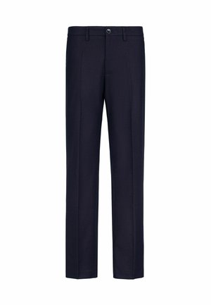 Pantaloni da donna su misura di un blu navy scuro, con piega frontale, chiusura con bottone e cerniera, e passanti per cintura, mostrati su sfondo bianco.