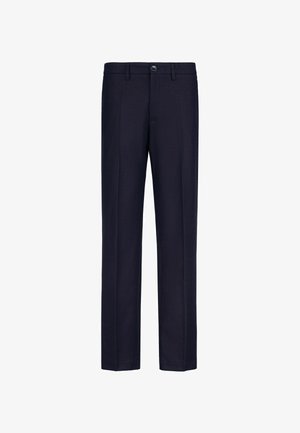 Pantalon habillé bleu marine foncé avec pli sur le devant, fermeture à bouton et zip, et passants pour ceinture, présenté sur un fond blanc.