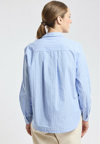 Chemise bleue clair à manches longues avec des rayures blanches verticales, dotée d'un empiècement arrière, de poignets à boutons et d'une coupe décontractée. Tissu en coton doux.