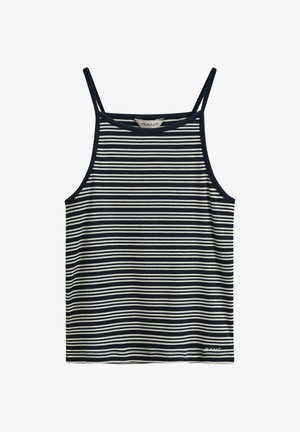 Marineblauw en wit gestreept geribd tanktop met dunne bandjes en een klein geborduurd logo aan de onderzoom.