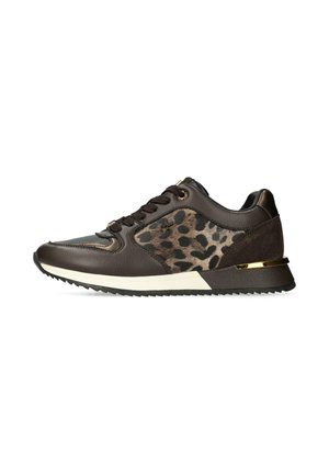 Brown leather sneaker with leopard print accents, textured surface, gold hardware detail, and black rubber sole with a white stripe.