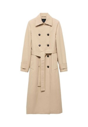 Beige trenchcoat van gladde stof, met een dubbelknopssluiting, zwarte knopen en een strikceintuur rond de taille. Inclusief twee zijzakken.
