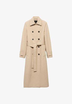 Beige trench coat made of smooth fabric, featuring a double-breasted design, black buttons, and a tied waist belt. Two side pockets included.