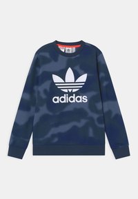 Námořnická modrá mikina s bílým logem Adidas a designem se třemi pruhy na přední straně. Hladká, texturovaná tkanina s ribovanými manžetami.