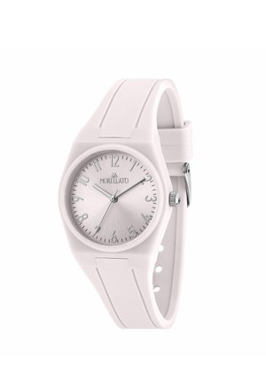 Orologio da polso Morellato bianco con cinturino in silicone, quadrante rotondo argento, indici numerici e tre lancette che segnano le 10:10:36.