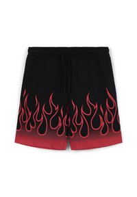 Pantaloni corti neri con un design a fiamma in rosso, che sfuma in un gradiente, con vita elastica e chiusura a corda.