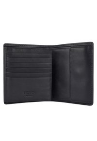 Black leather wallet with multiple card slots and a single compartment. Smooth texture and simple design, featuring subtle branding on the interior.