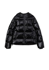 Svart vadderad jacka med glansigt, quiltat mönster, oversized passform, huva, dragkedja och två framfickor med elastiska detaljer.