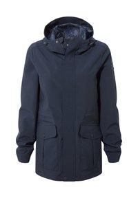 Navy blue waterproof jacket with a hood, front zipper, two large flap pockets, and adjustable cuffs. Smooth texture with a minimalist design.