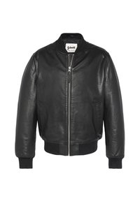 Veste bomber en cuir noir avec fermeture éclair à l'avant, poignets et taille côtelés. Caractérisée par une texture lisse et un design minimaliste.