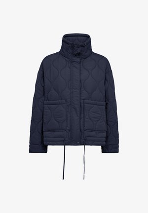 Marineblauwe doorgestikte jas met hoge kraag, drukknoopsluiting aan de voorkant, trekkoorden aan de zoom en twee grote voorzakken met klep.