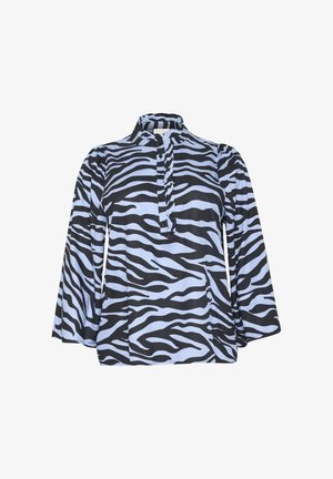 Ilga piedurkne blūze ar augstu apkakli, ar zilā un melnā zebra rakstu, pogu aizdari un teksturētu audumu.