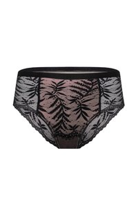 Koronkowa czarna bielizna z kwiatowym wzorem, przejrzysty czarny materiał z różowymi akcentami oraz falbaniaste wykończenia w pasie i nogawkach.