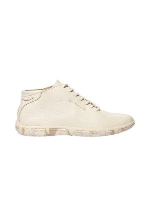 Beige leather lace-up casual shoe with city names printed on the sole and "les marins" logo on the side.