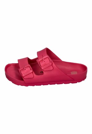 Pink sandals made of textured rubber, featuring two adjustable straps with buckle accents and an open-toe design.