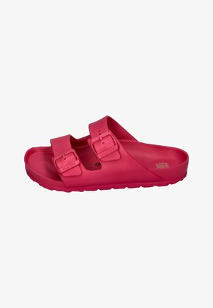 Pink sandals made of textured rubber, featuring two adjustable straps with buckle accents and an open-toe design.