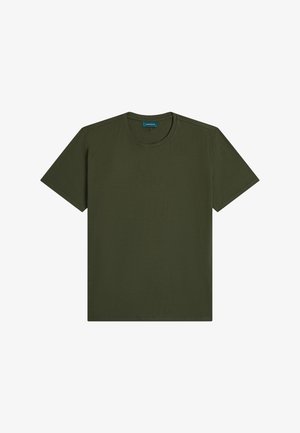 Olijf groene t-shirt met korte mouwen, gemaakt van katoen. Heeft een ronde halslijn en een effen kleur zonder patronen of accenten.