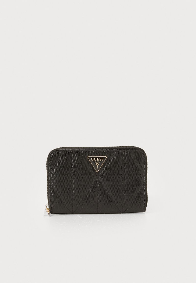 Black quilted wallet with shiny logo accents, featuring a textured pattern and a gold-tone metal logo plate on the front.
