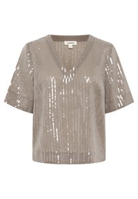 Krátký rukáv, top s výstřihem do V v taupe barvě, pokrytý vertikálními řadami stříbrných flitrů, s volným střihem a texturovanou tkaninou.