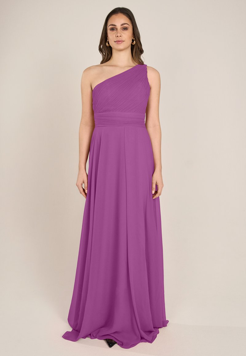 Lila Ein-Schulter-Abendkleid mit gerafftem Oberteil, fließendem Rock und strukturiertem Stoff. Elegantes Design, bodenlang, geeignet für formelle Anlässe.