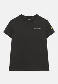 Black short-sleeve crew neck t-shirt with white "LYLE & SCOTT" text on chest and yellow bird logo on left sleeve.