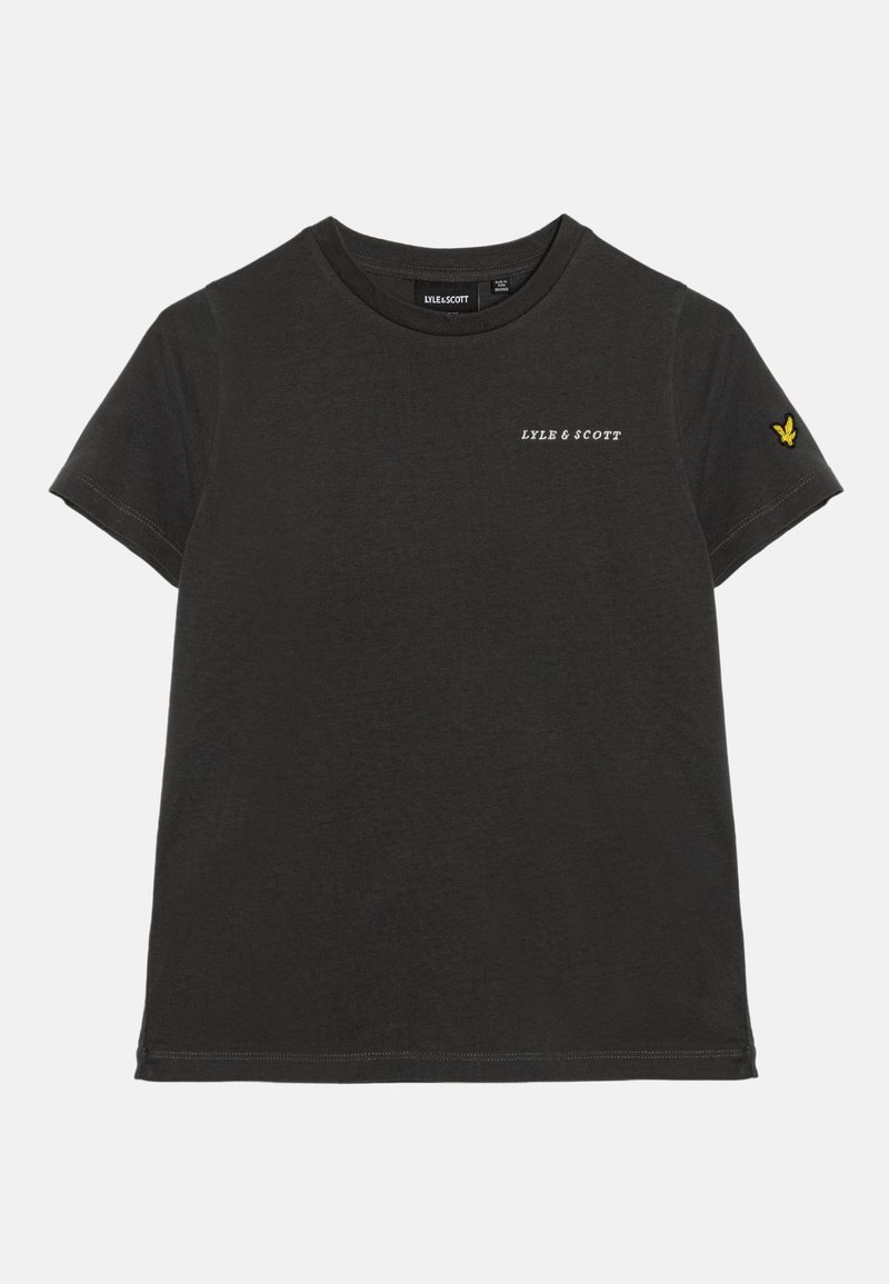 Black short-sleeve crew neck t-shirt with white "LYLE & SCOTT" text on chest and yellow bird logo on left sleeve.
