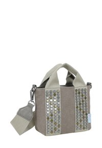 Borsa in tela grigia con manici grigio chiaro, caratterizzata da borchie metalliche argento e oro, tracolla regolabile e chiusura con zip.