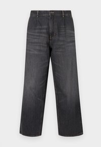 Σκούρα τζιν παντελόνια με φαρδιά γραμμή και ψηλή μέση, διαθέτουν αντίθετη ραφή, κλείσιμο με κουμπί και δύο μπροστινές τσέπες. Λείο ύφασμα, σχεδίαση με ίσια κοπή.