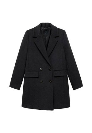Cappotto in lana grigia scura, doppiopetto, con rever a lancia, due tasche frontali e bottoni neri, caratterizzato da una vestibilità sartoriale e una texture liscia.