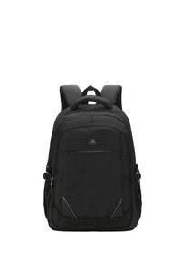 Zaino nero con spallacci imbottiti, manico superiore, tasca frontale con zip e dettagli riflettenti. Realizzato in tessuto resistente con finitura texture.