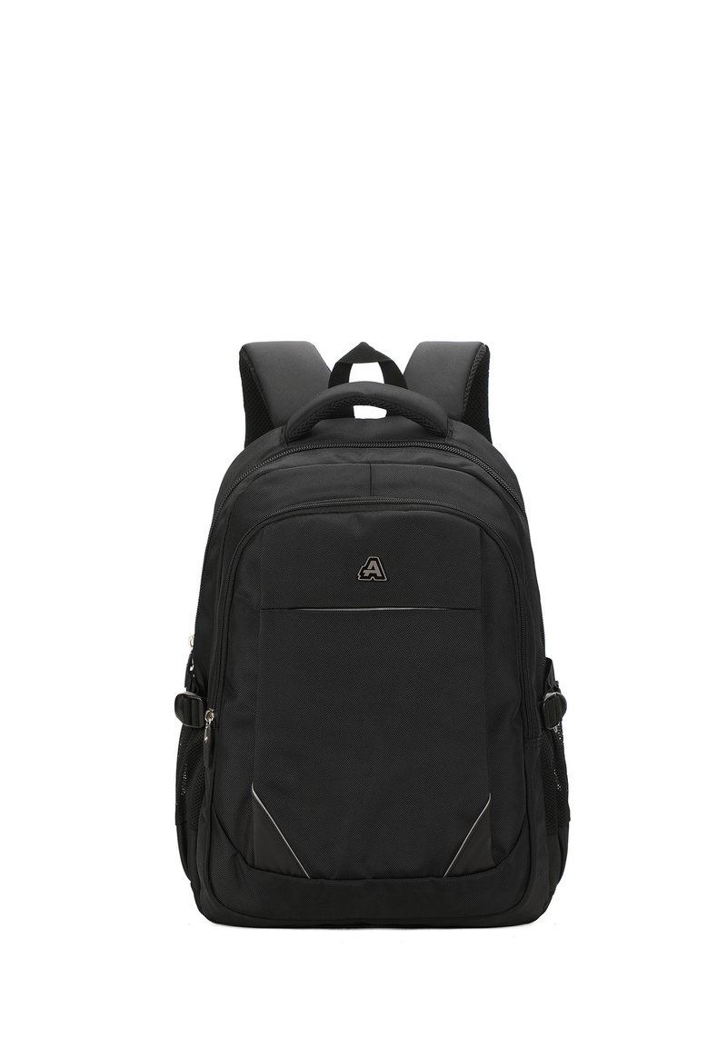 Zaino nero con spallacci imbottiti, manico superiore, tasca frontale con zip e dettagli riflettenti. Realizzato in tessuto resistente con finitura texture.