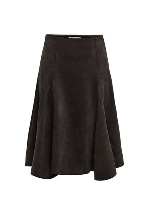 Jupe noire trapèze avec tissu subtilement texturé et détails de coutures, longueur genou avec une silhouette évasée.