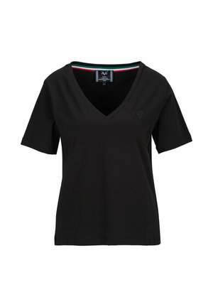 Zwarte T-shirt met korte mouwen en V-hals van katoen, met een subtiele logo op de borst en contrasterende gestreepte details bij de halslijn.