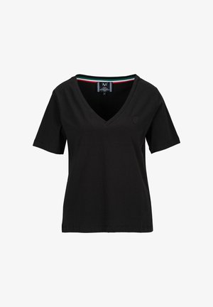 Zwarte T-shirt met korte mouwen en V-hals van katoen, met een subtiele logo op de borst en contrasterende gestreepte details bij de halslijn.